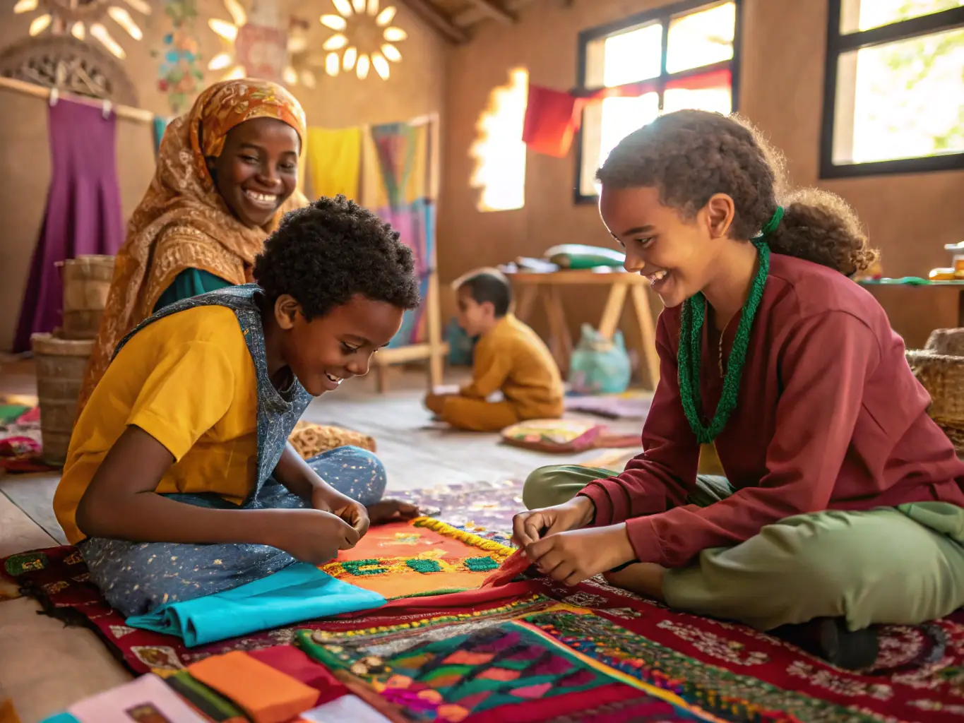 A vibrant scene of community members participating in a cultural workshop outdoors, with colorful decorations and engaged participants. The image captures the spirit of community involvement and cultural enrichment.