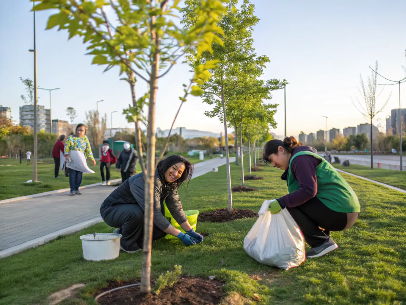 A group of volunteers working together on an environmental project in Ally-Drignac, planting trees and cleaning up a local park. The image highlights the importance of community involvement in environmental conservation.