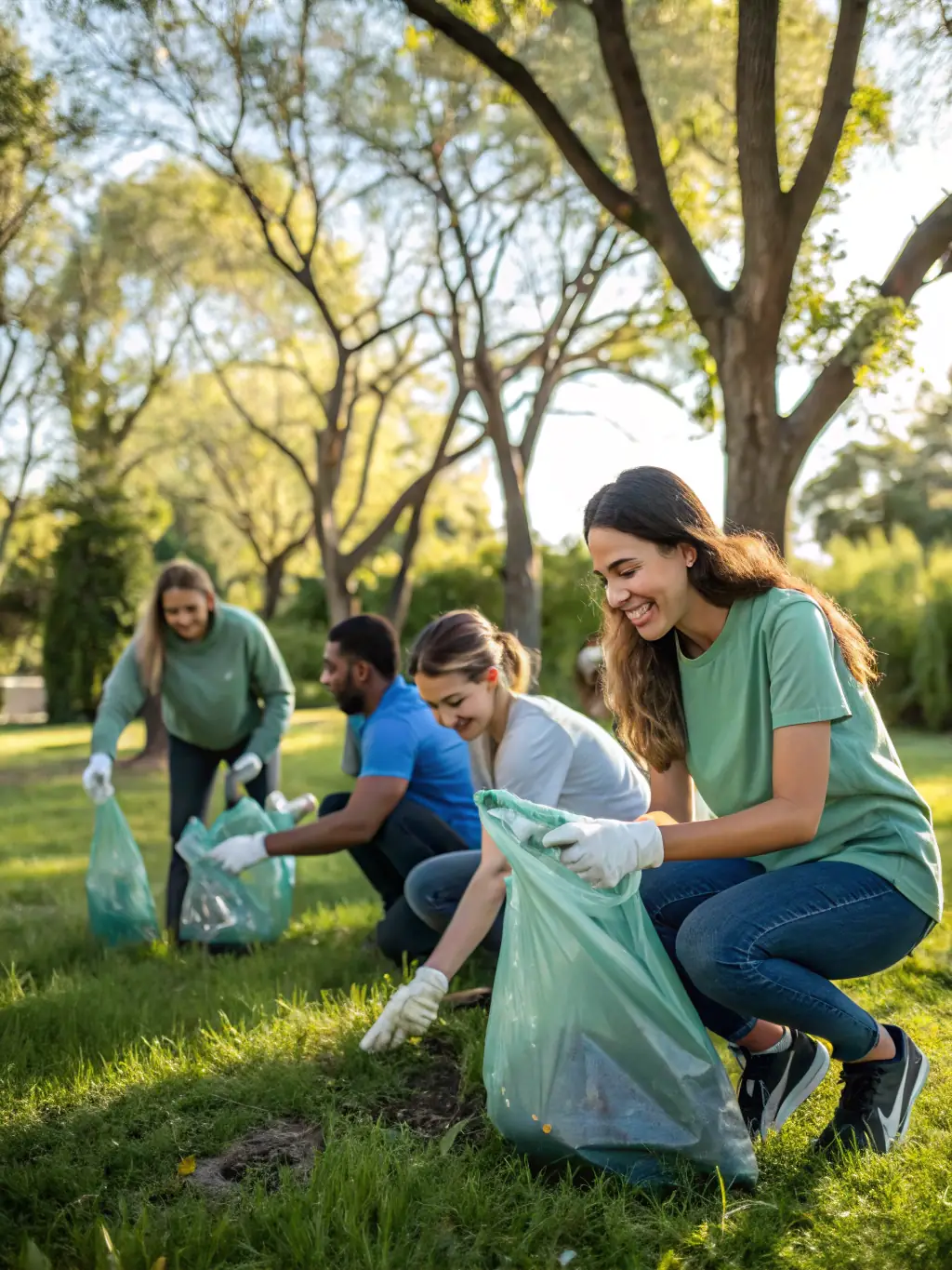 A photo of volunteers working together to clean up a local park or natural area in Ally-Drignac, demonstrating the organization's commitment to environmental sustainability. The image should convey a sense of teamwork and environmental stewardship.