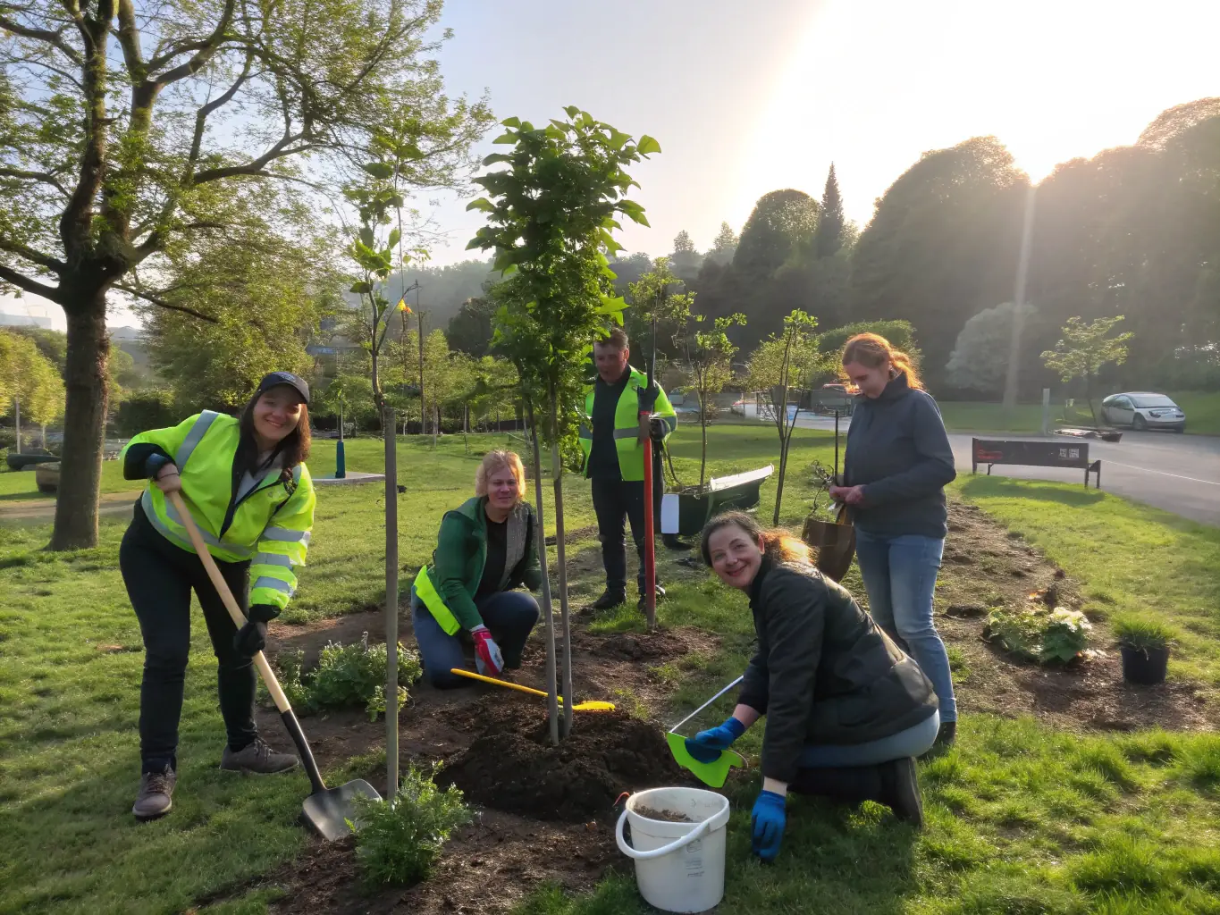 Volunteers working together on an environmental project, such as planting trees or cleaning up a local park. The image should highlight the organization's commitment to environmental sustainability and community involvement.