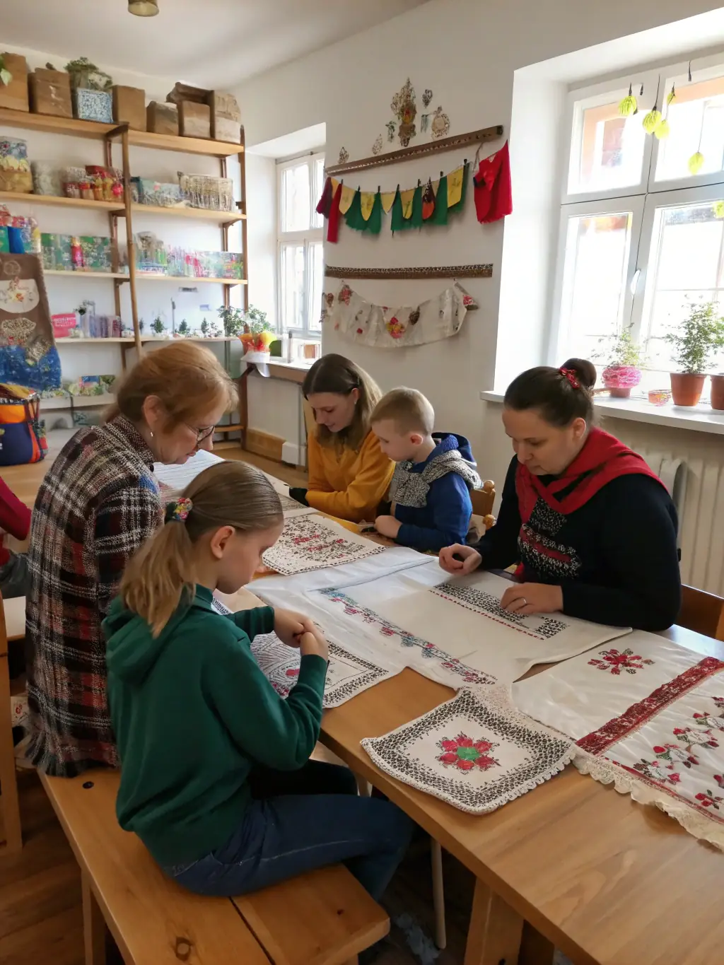 A vibrant image of a community event in Ally-Drignac, with people of all ages participating in a traditional craft workshop. The scene should be lively and engaging, reflecting the organization's commitment to cultural enrichment.