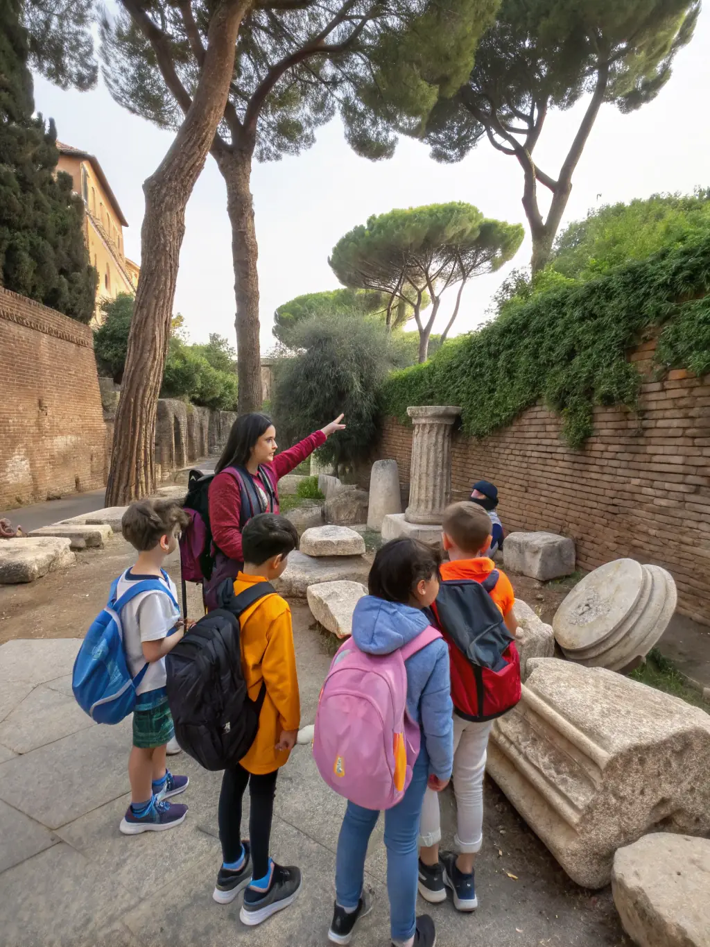 A photograph of a group of children on a guided tour of a historical site in Ally-Drignac, learning about the local history and heritage. The image should convey a sense of curiosity and educational enrichment.